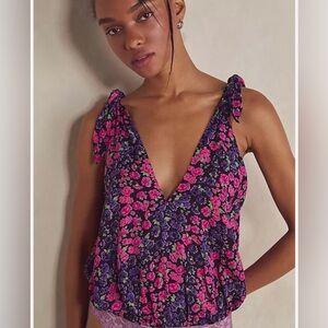 Free People Bare It All Bodysuit S Floral Print Lace Thong Purple Pink